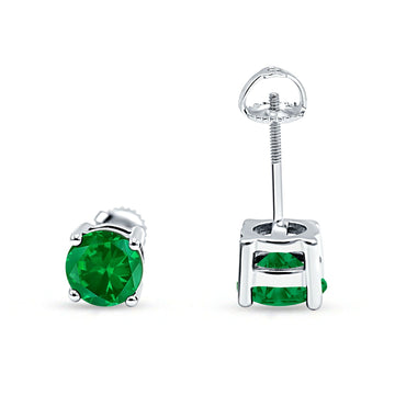 Solitaire Screw Back Stud Earring Brilliant Round Simulated Green Emerald CZ Solid 925 Sterling Silver